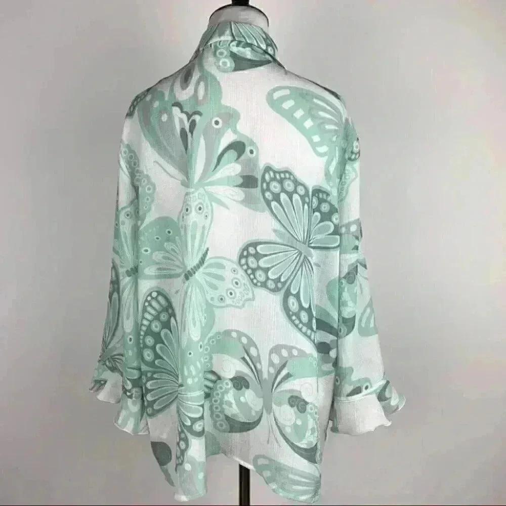 Alfred dunner top size 16 mint green white butterfly button down Y2K vintage